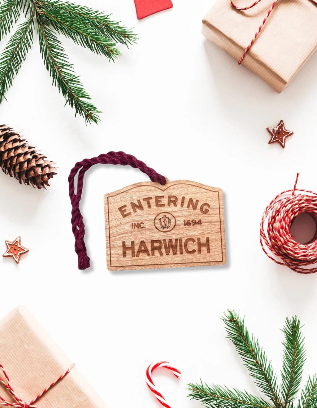 Wooden Harwich Ornament – Entering Towns Sign, Personalized Cape Cod Coastal Gift, Rustic Christmas