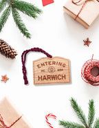 Wooden Harwich Ornament – Entering Towns Sign, Personalized Cape Cod Coastal Gift, Rustic Christmas