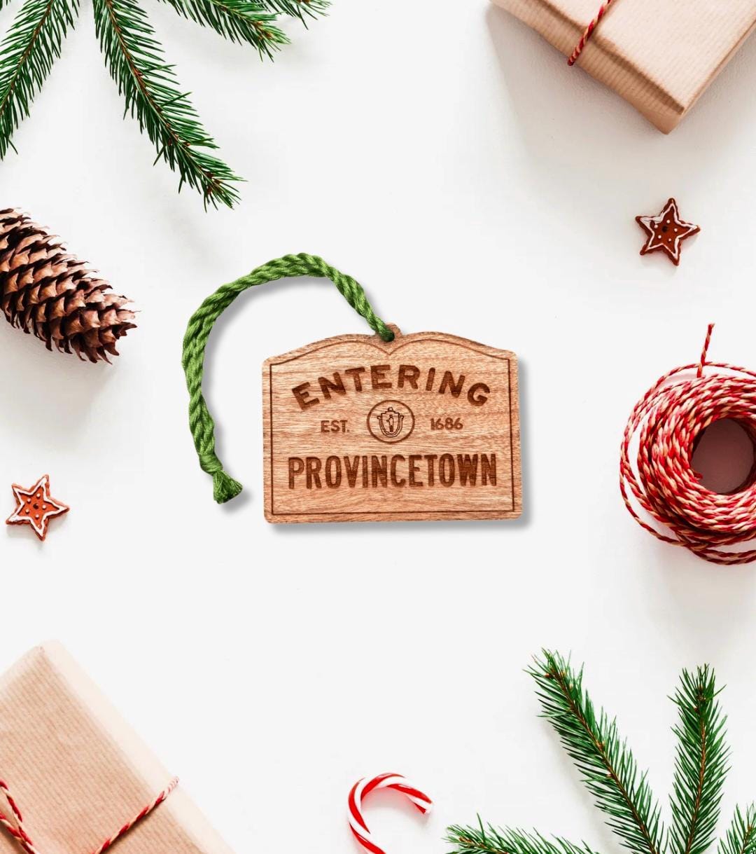 Wooden Provincetown Ornament: Personalized Cape Cod Coastal Decor