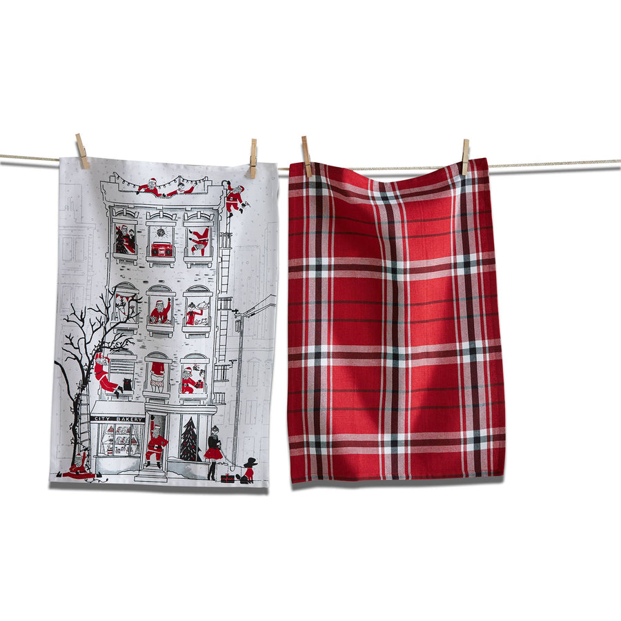 Santa Cityscape Dishtowel Set/2 Multi Cotton Christmas