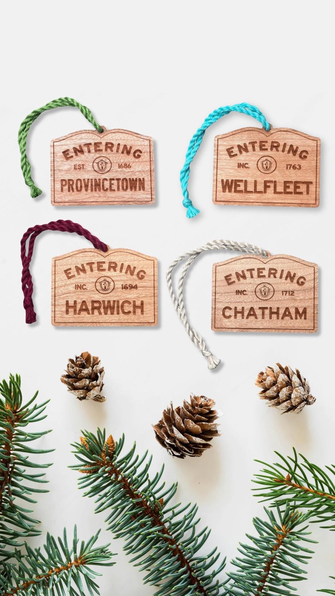 Wooden Harwich Ornament – Entering Towns Sign, Personalized Cape Cod Coastal Gift, Rustic Christmas
