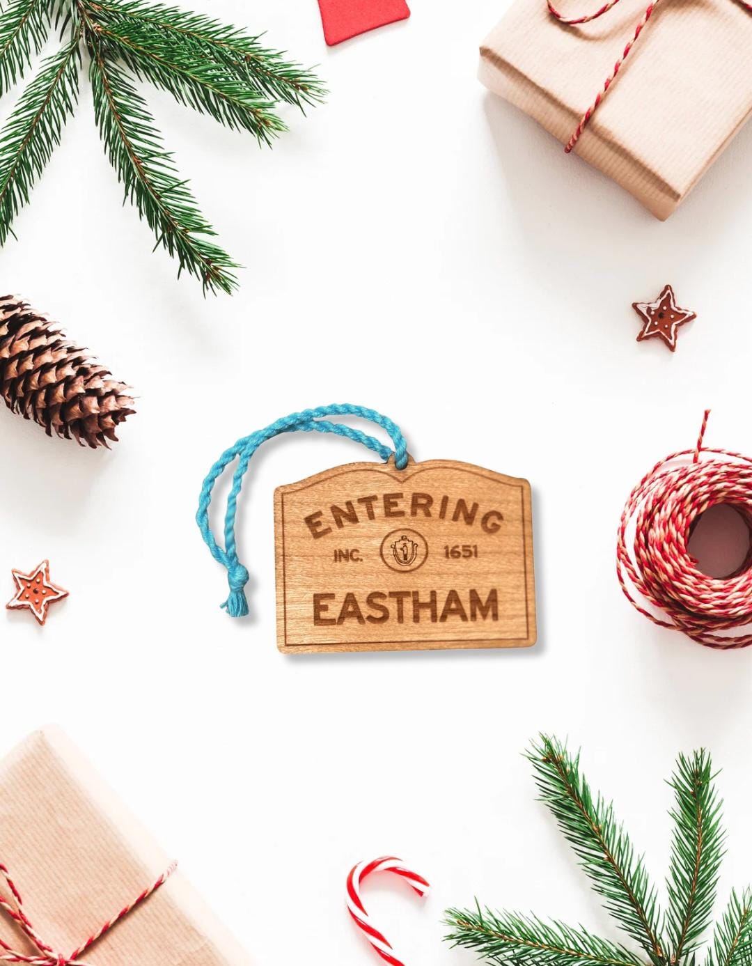 Wooden Eastham Ornament – Entering Towns Sign, Personalized Cape Cod Coastal Gift, Rustic Christmas