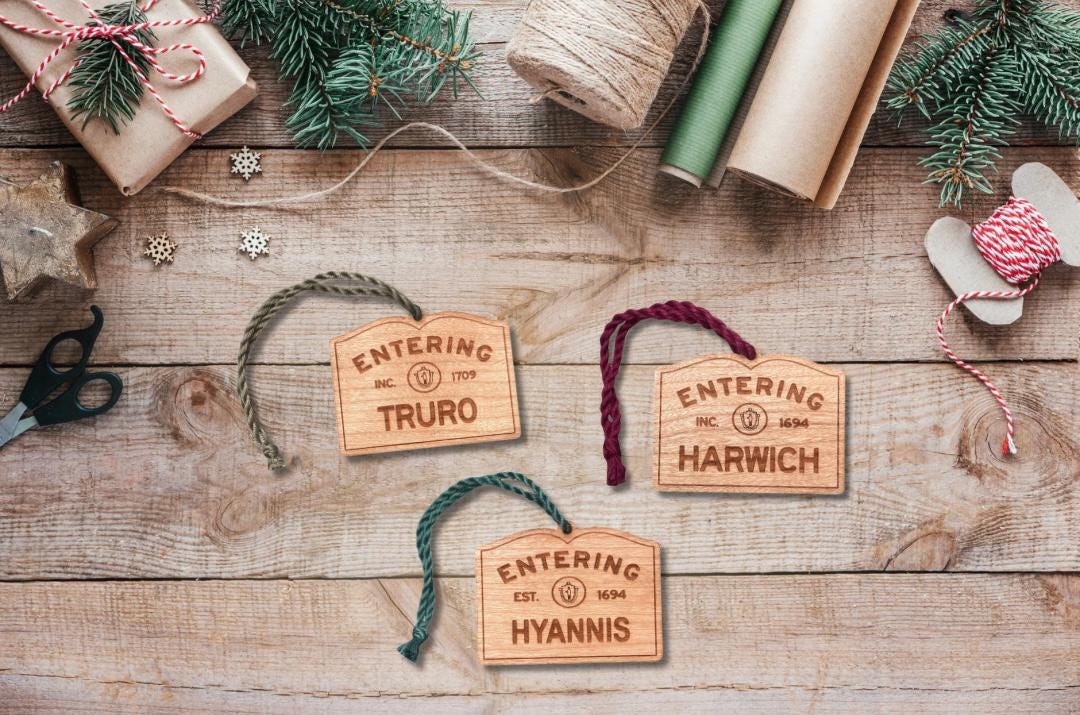 Wooden Harwich Ornament – Entering Towns Sign, Personalized Cape Cod Coastal Gift, Rustic Christmas