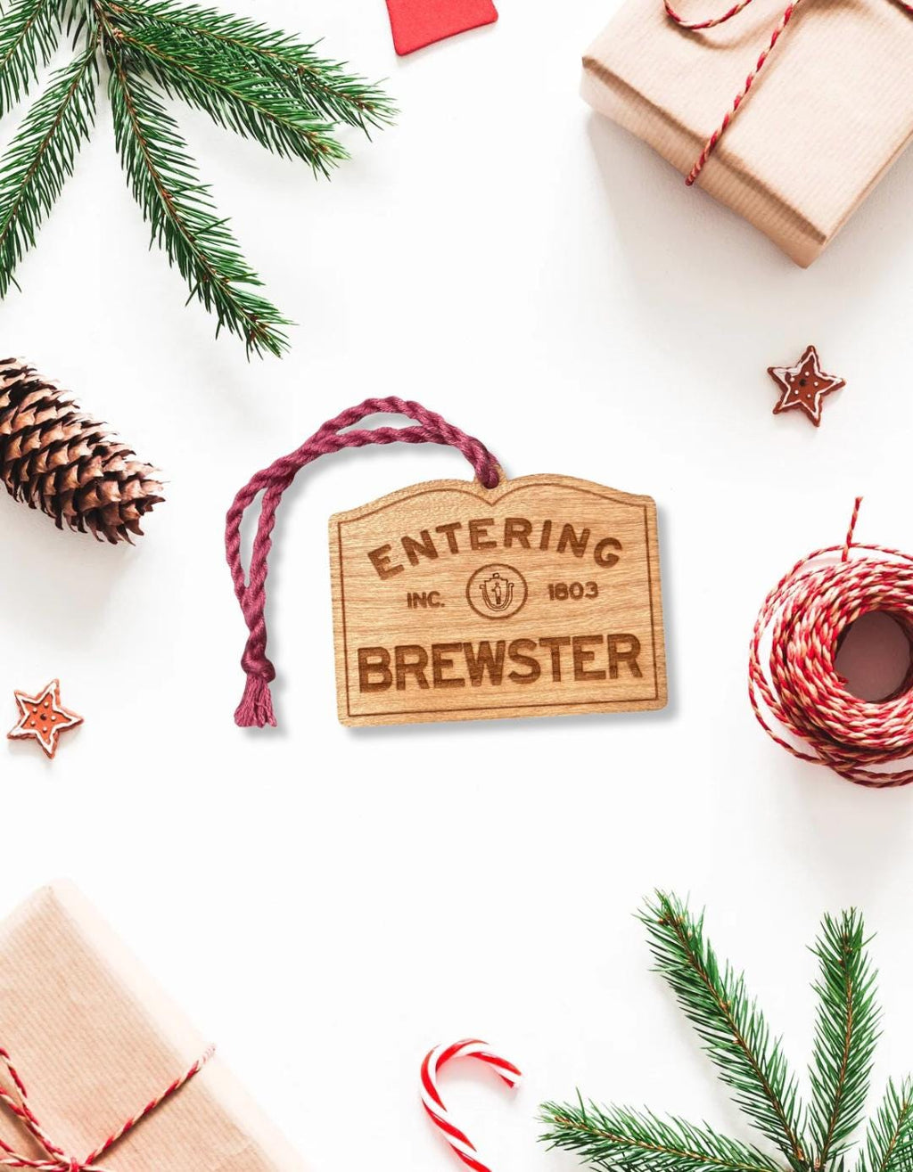 Wooden Brewster Ornament – Entering Towns Sign, Personalized Cape Cod Coastal Gift, Rustic Christmas