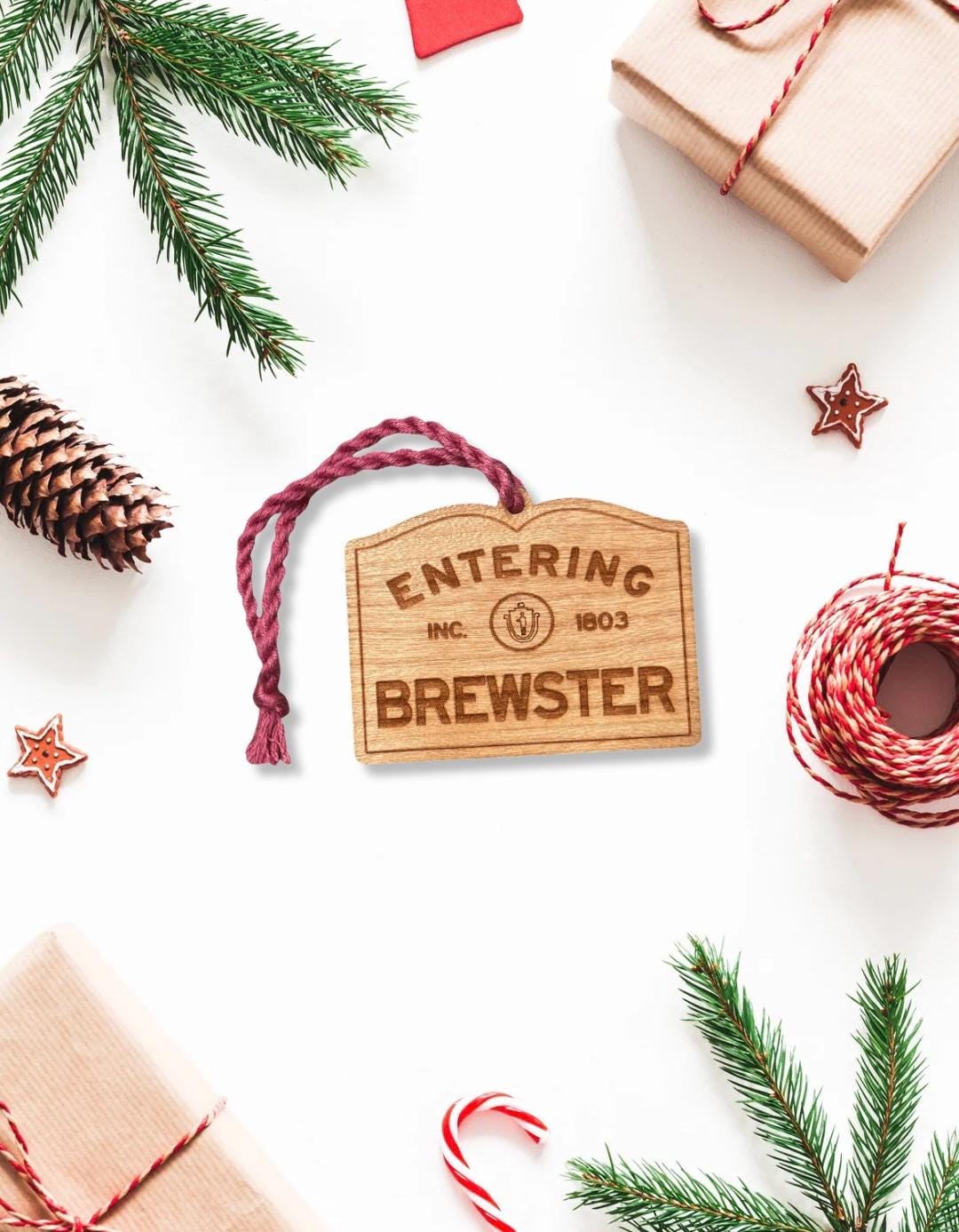 Wooden Brewster Ornament – Entering Towns Sign, Personalized Cape Cod Coastal Gift, Rustic Christmas