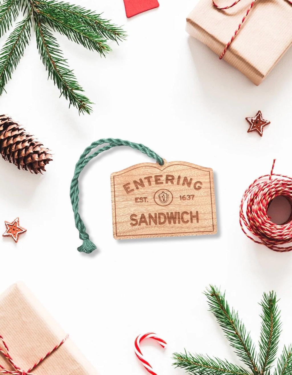 Wooden Sandwich Ornament – Entering Towns Sign, Personalized Cape Cod Coastal Gift, Rustic Christmas