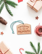 Wooden Falmouth Ornament – Entering Towns Sign, Personalized Cape Cod Coastal Gift, Rustic Christmas.