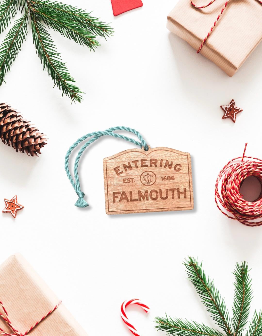 Wooden Falmouth Ornament – Entering Towns Sign, Personalized Cape Cod Coastal Gift, Rustic Christmas.
