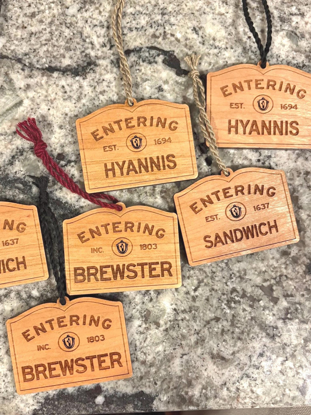Wooden Brewster Ornament – Entering Towns Sign, Personalized Cape Cod Coastal Gift, Rustic Christmas