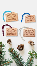 Wooden Bourne Ornament – Entering Towns Sign, Personalized Cape Cod Coastal Gift, Rustic Christmas