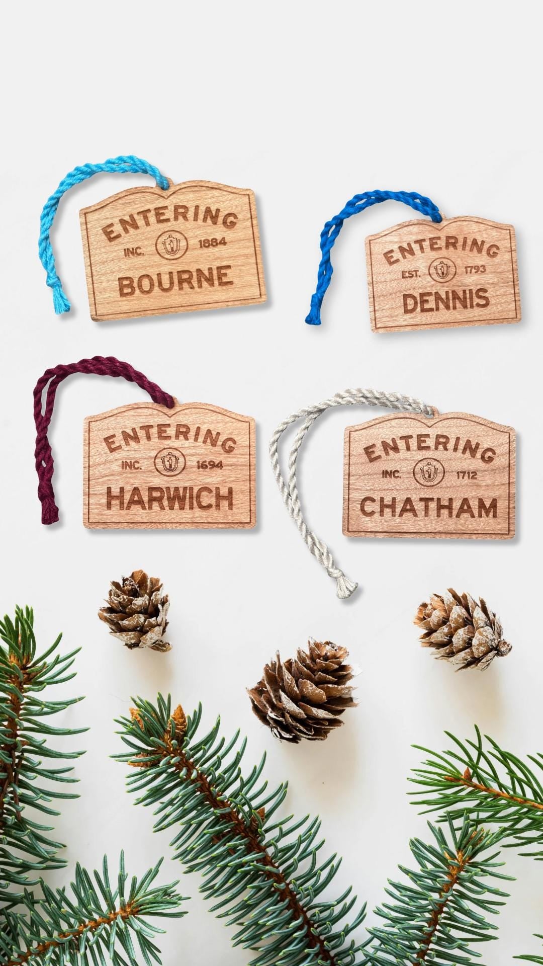 Wooden Bourne Ornament – Entering Towns Sign, Personalized Cape Cod Coastal Gift, Rustic Christmas