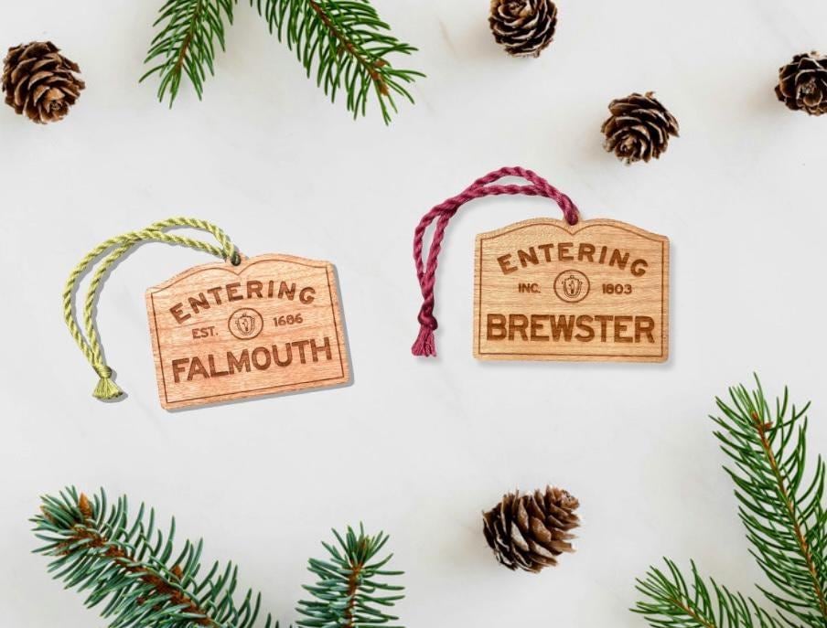Wooden Falmouth Ornament – Entering Towns Sign, Personalized Cape Cod Coastal Gift, Rustic Christmas.