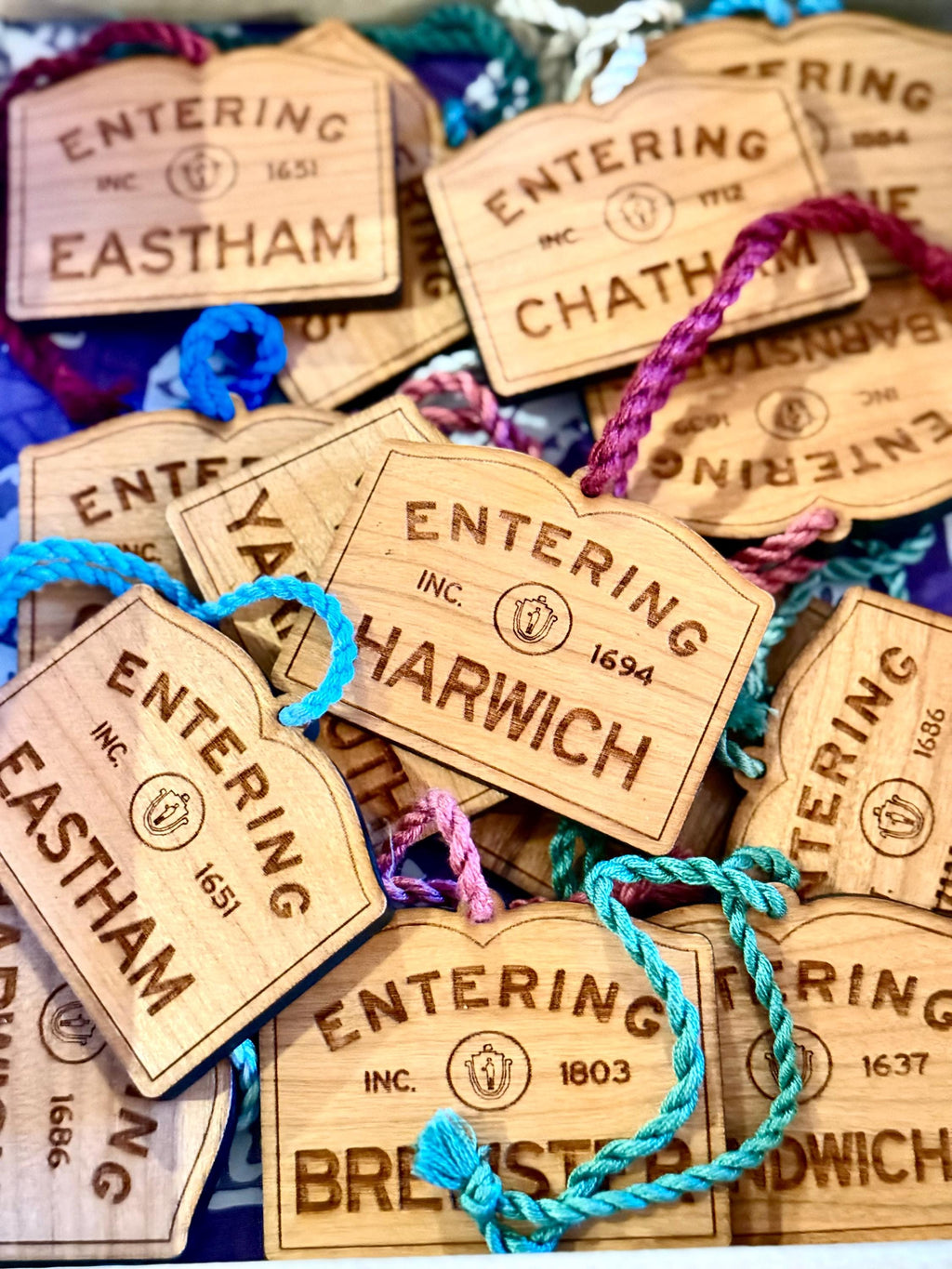 Wooden Harwich Ornament – Entering Towns Sign, Personalized Cape Cod Coastal Gift, Rustic Christmas