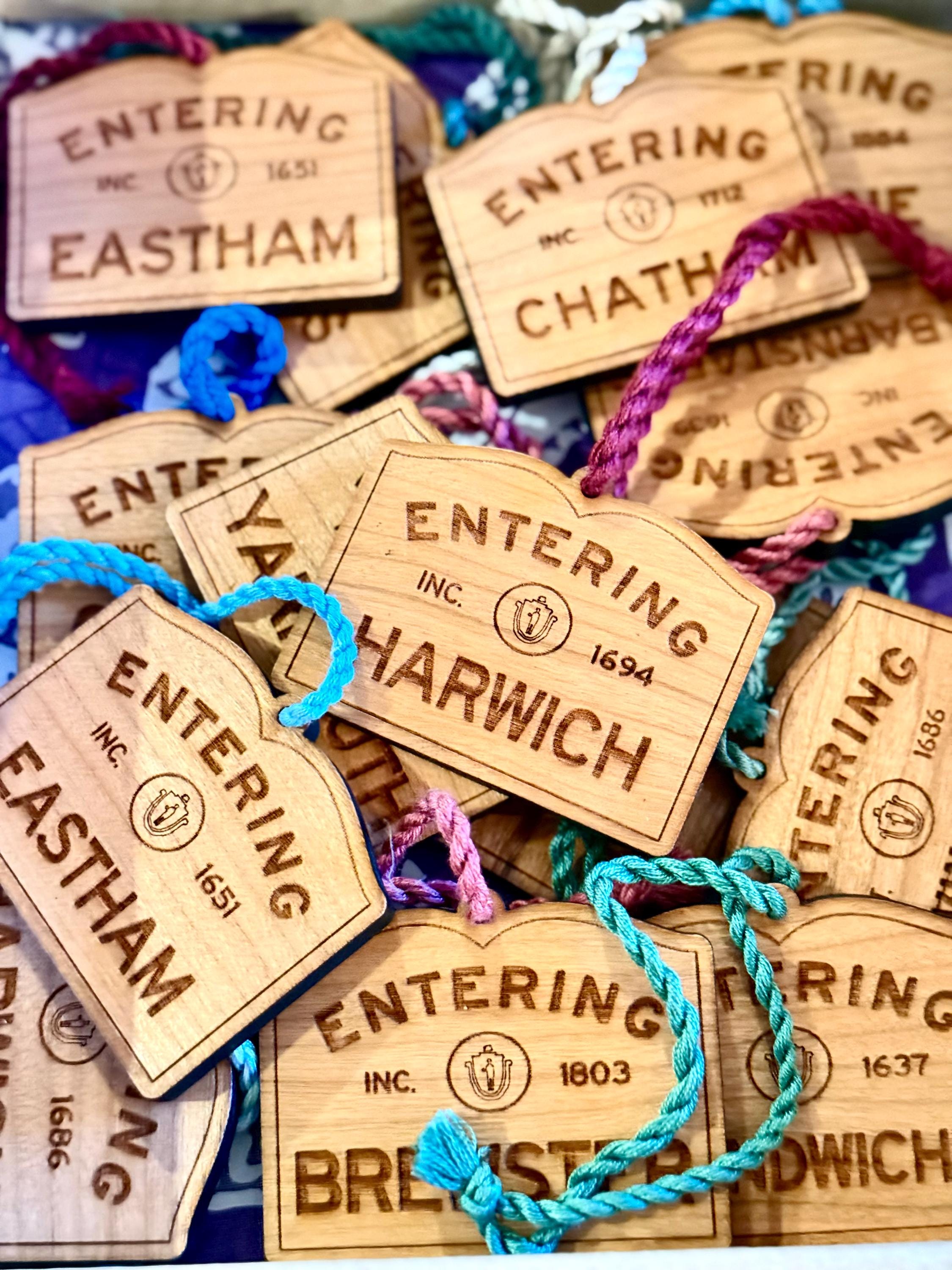 Wooden Harwich Ornament – Entering Towns Sign, Personalized Cape Cod Coastal Gift, Rustic Christmas