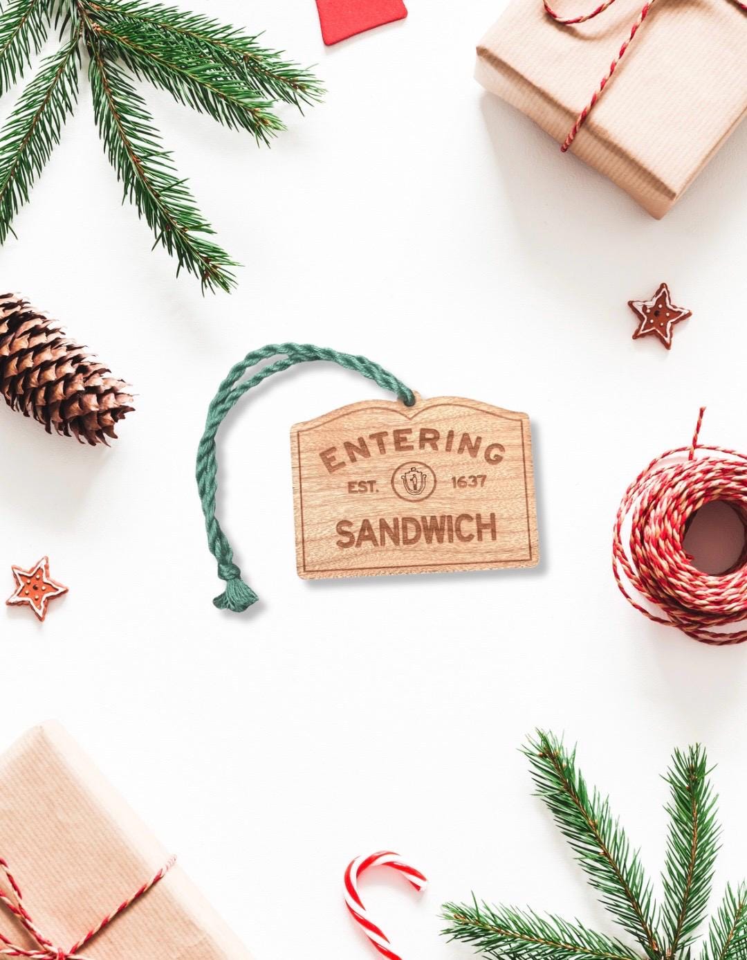 Wooden Sandwich Ornament – Entering Towns Sign, Personalized Cape Cod Coastal Gift, Rustic Christmas