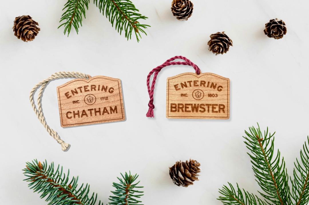 Wooden Brewster Ornament – Entering Towns Sign, Personalized Cape Cod Coastal Gift, Rustic Christmas