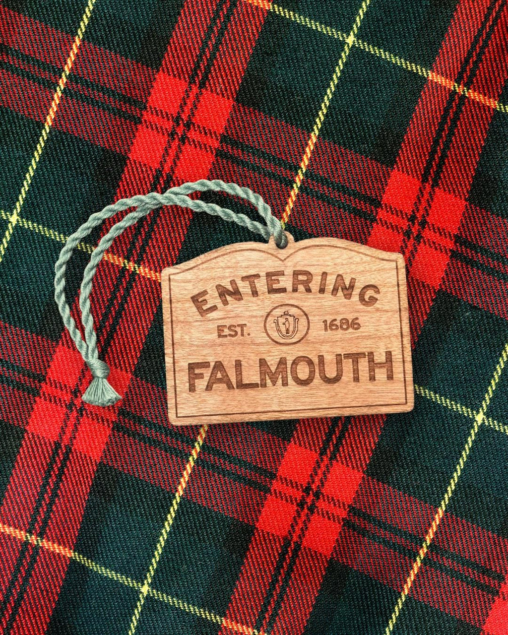 Wooden Falmouth Ornament – Entering Towns Sign, Personalized Cape Cod Coastal Gift, Rustic Christmas.