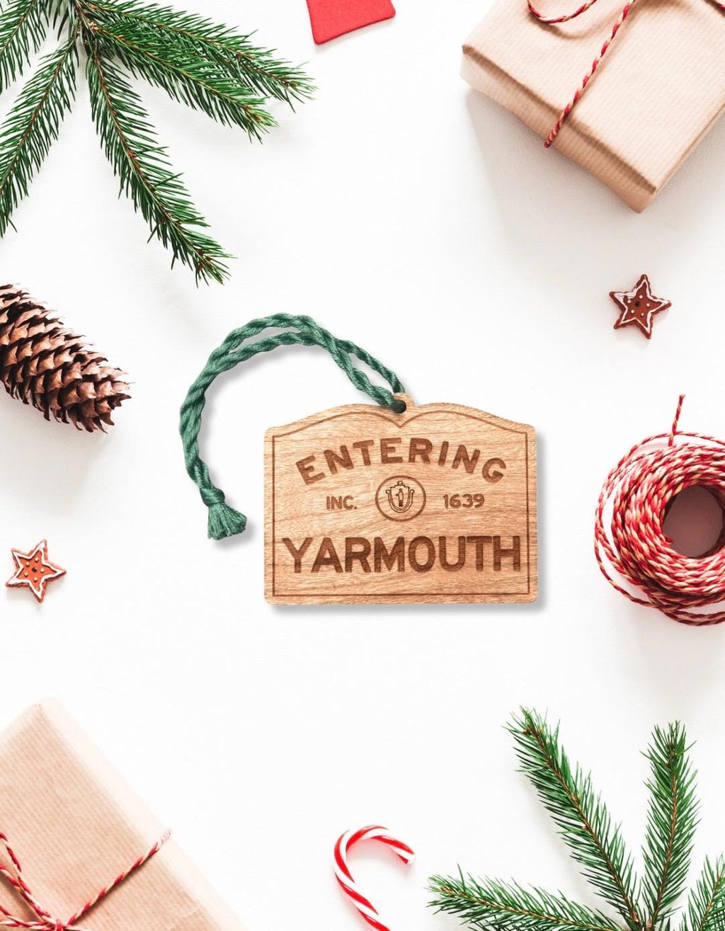 Wooden Yarmouth Ornament – Entering Towns Sign, Personalized Cape Cod Coastal Gift, Rustic Christmas
