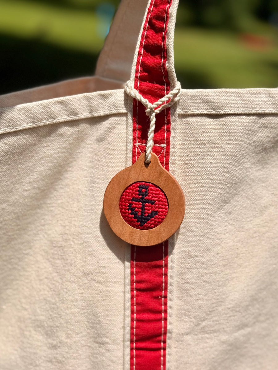 Cherry Wood Bag Tag | Self Finishing Needlepoint Accessory | Fits 1.25" Canvas | Choose Your Cord Color
