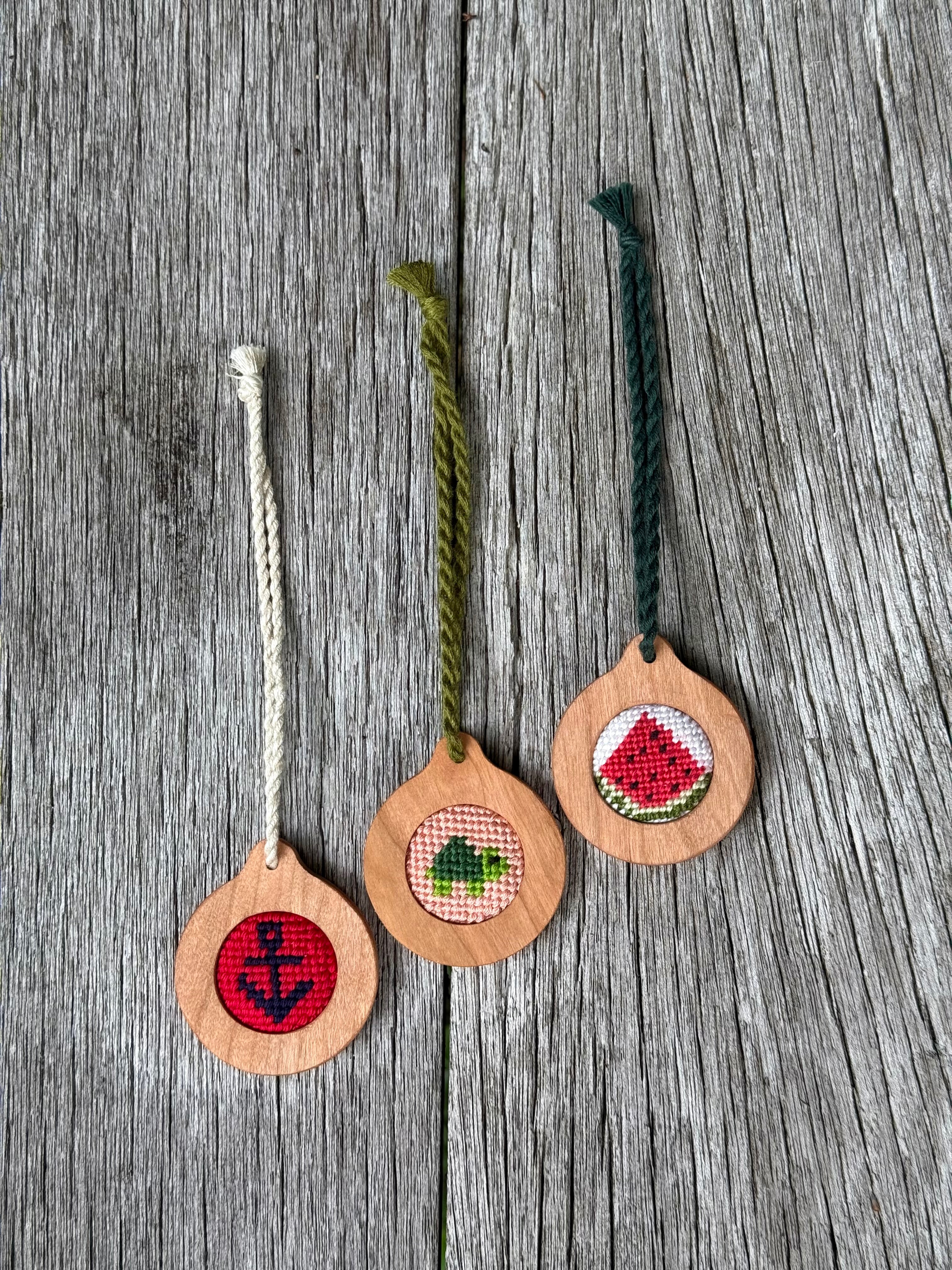 Cherry Wood Bag Tag | Self Finishing Needlepoint Accessory | Fits 1.25" Canvas | Choose Your Cord Color