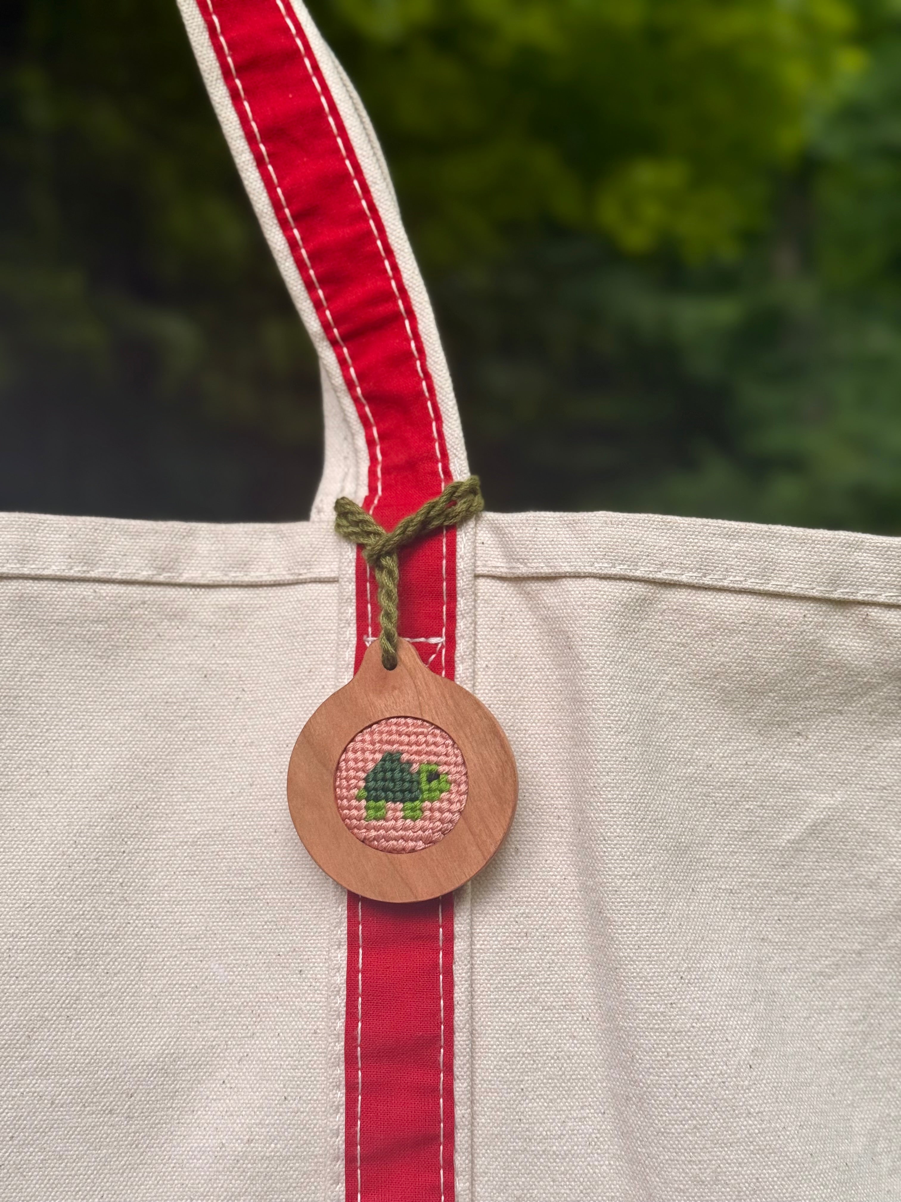 Cherry Wood Bag Tag | Self Finishing Needlepoint Accessory | Fits 1.25" Canvas | Choose Your Cord Color