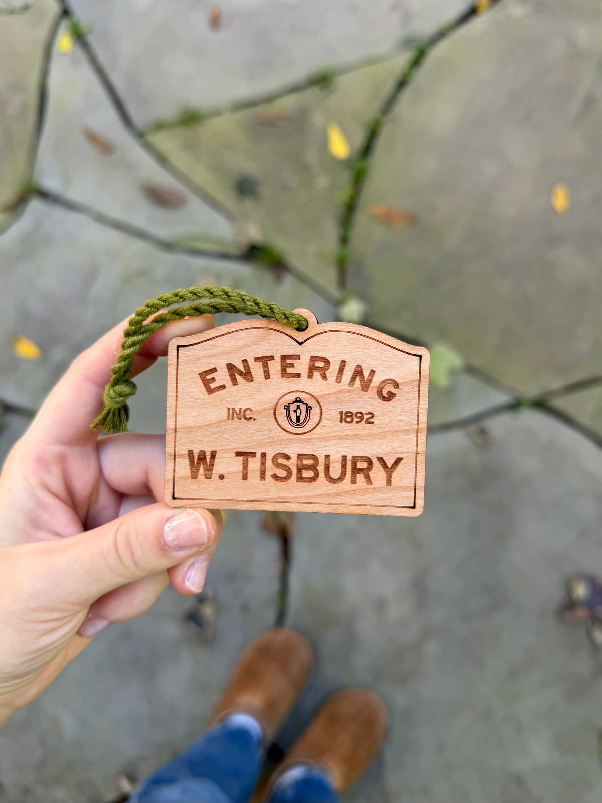 Custom Wooden Massachusetts Town Sign Ornament