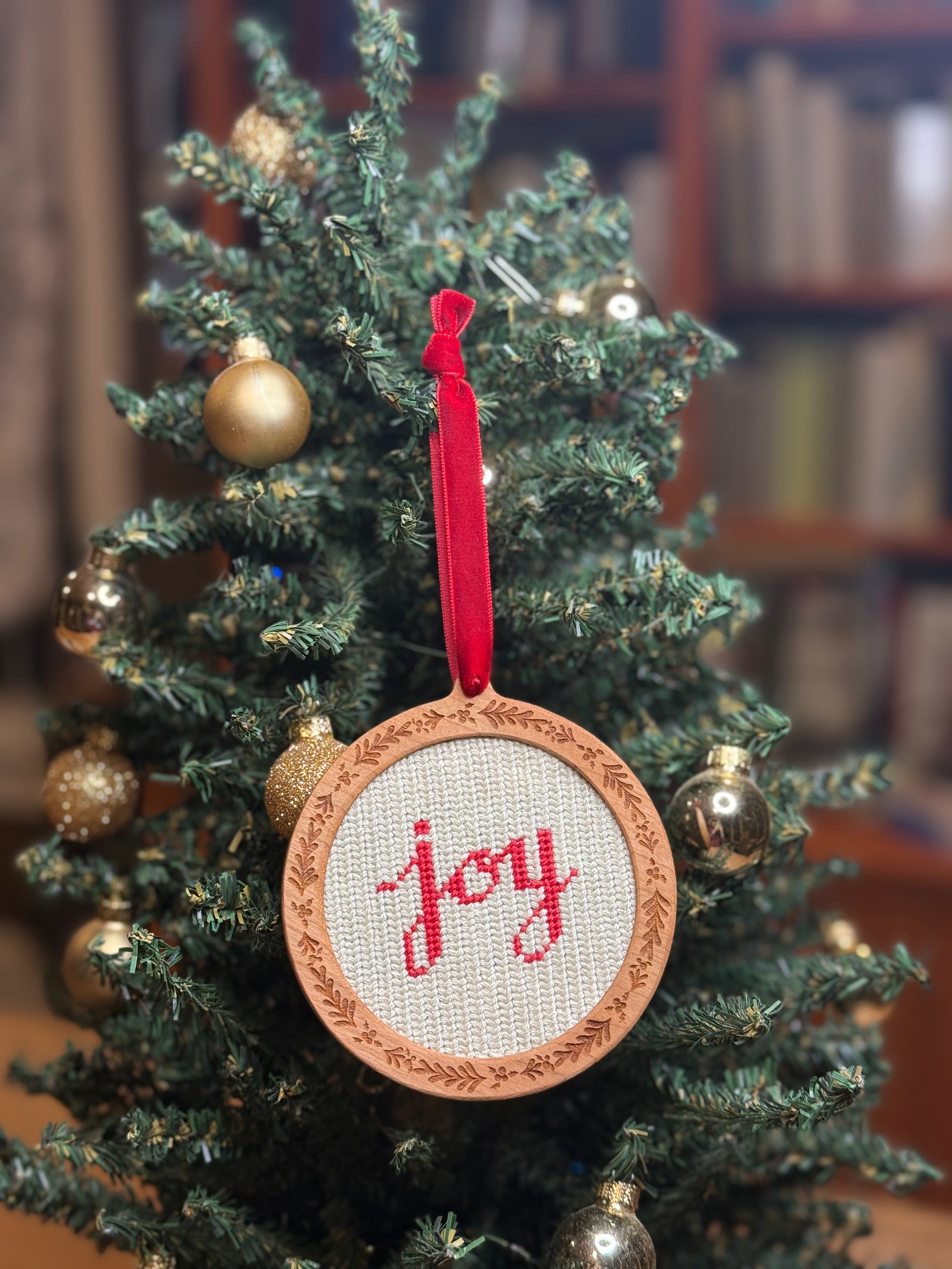 Holly Engraved Wooden Self Finishing Needlepoint Ornament