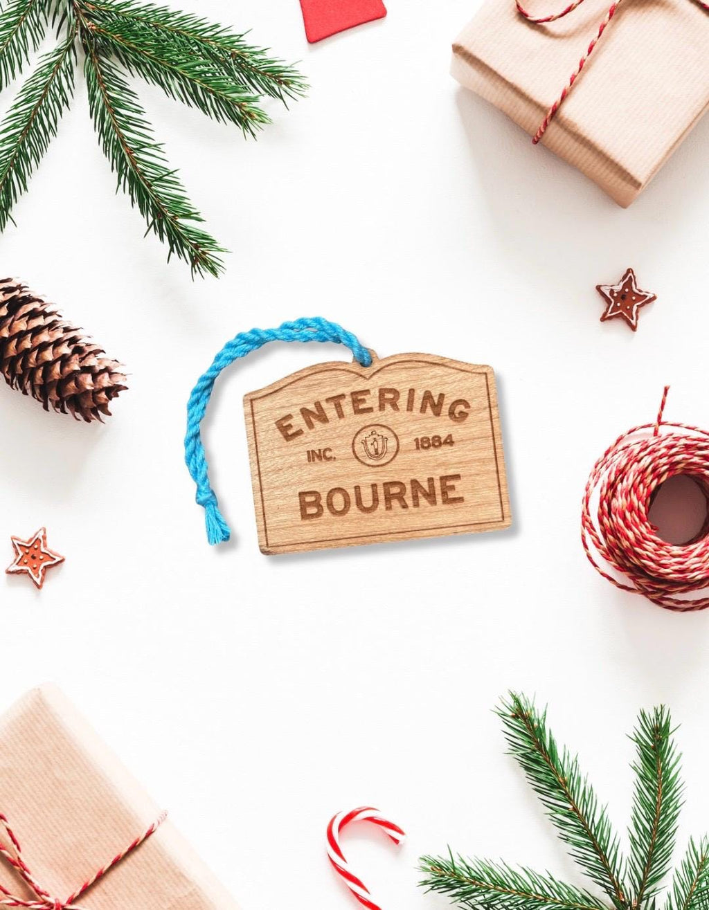 Wooden Bourne Ornament – Entering Towns Sign, Personalized Cape Cod Coastal Gift, Rustic Christmas