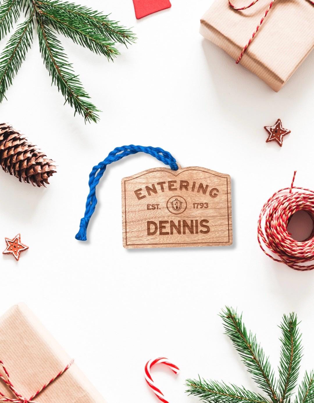 Wooden Dennis Ornament – Entering Towns Sign, Personalized Cape Cod Coastal Gift, Rustic Christmas