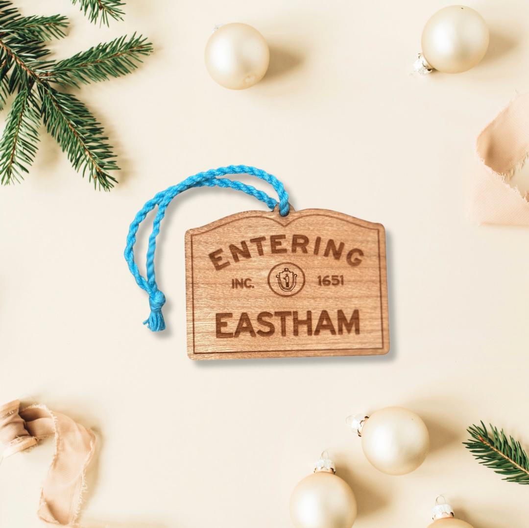 Wooden Eastham Ornament – Entering Towns Sign, Personalized Cape Cod Coastal Gift, Rustic Christmas