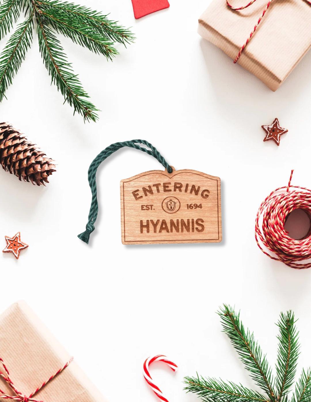 Wooden Hyannis Ornament – Entering Towns Sign, Personalized Cape Cod Coastal Gift, Rustic Christmas
