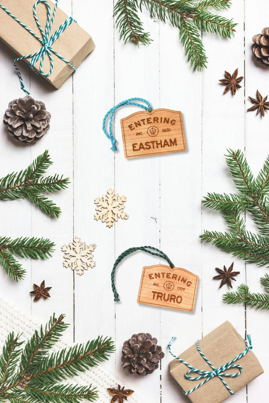 Wooden Eastham Ornament – Entering Towns Sign, Personalized Cape Cod Coastal Gift, Rustic Christmas